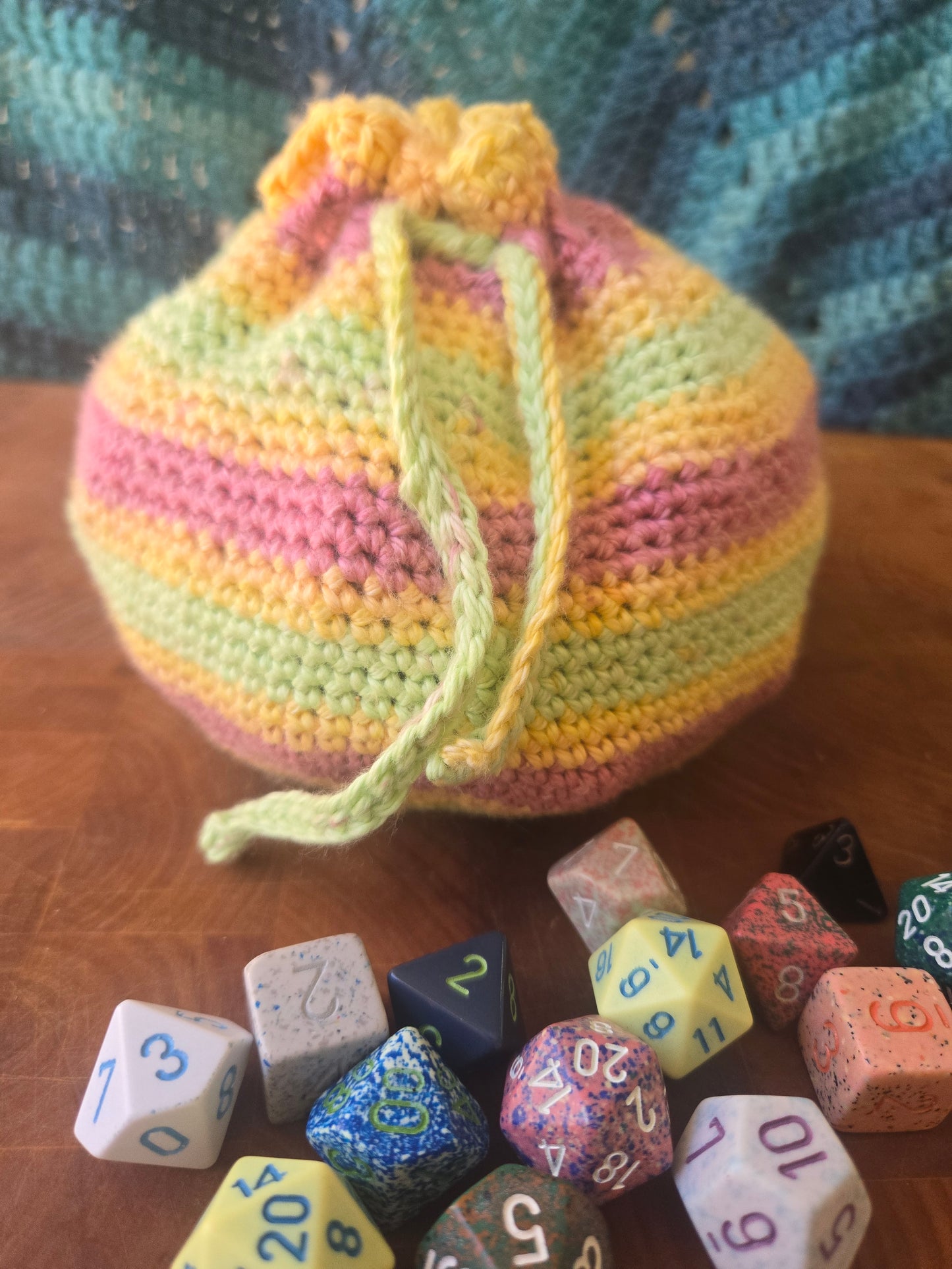 Really bloody large orange/green/pink dice bag.